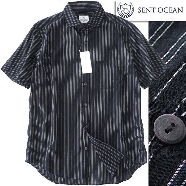 新品 セントオーシャン 薄手 綿ローン 半袖 ストライプ シャツ L 黒 白 【AFP604_840_L】 SENT OCEAN 春夏 盛夏 メンズ カッタウェイ