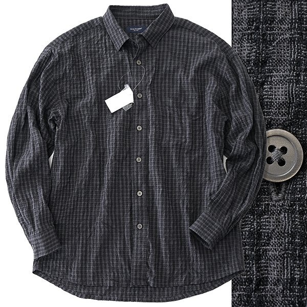 新品 バックナンバー 清涼 シアサッカー チェック 長袖 シャツ XL 黒 灰 【I41058】 春夏 メンズ BACK NUMBER ストレッチ サマー ブラック