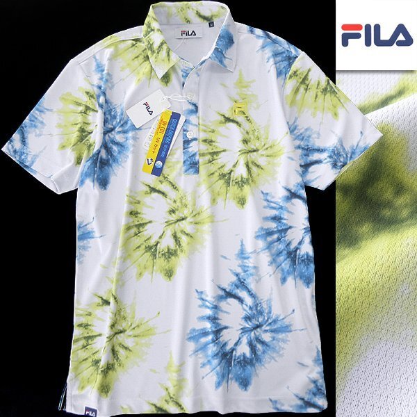 新品 FILA フィラ ゴルフ 吸汗速乾 タイダイプリント 半袖 ポロシャツ L 白 黄緑 【I59022】 GOLF 春夏 メンズ UVカット サマー 盛夏