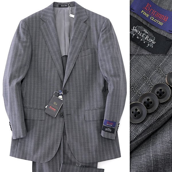 新品 サヴィルロウ 英国 Britannia ウール ストライプ スーツ A7(LL) 灰 【J56464】 春夏 SAVILE ROW ブリタニア セットアップ グレー