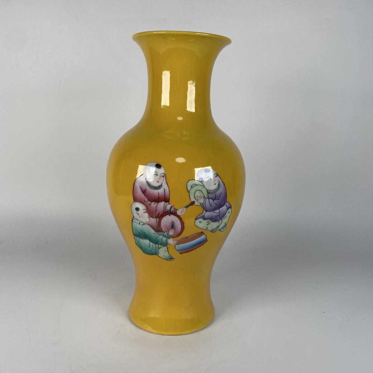 大清康熈年製　色絵　唐子　漢詩　花瓶　花器　花入　骨董品　古美術品　中国古玩　時代　高さ36.5cm【69】