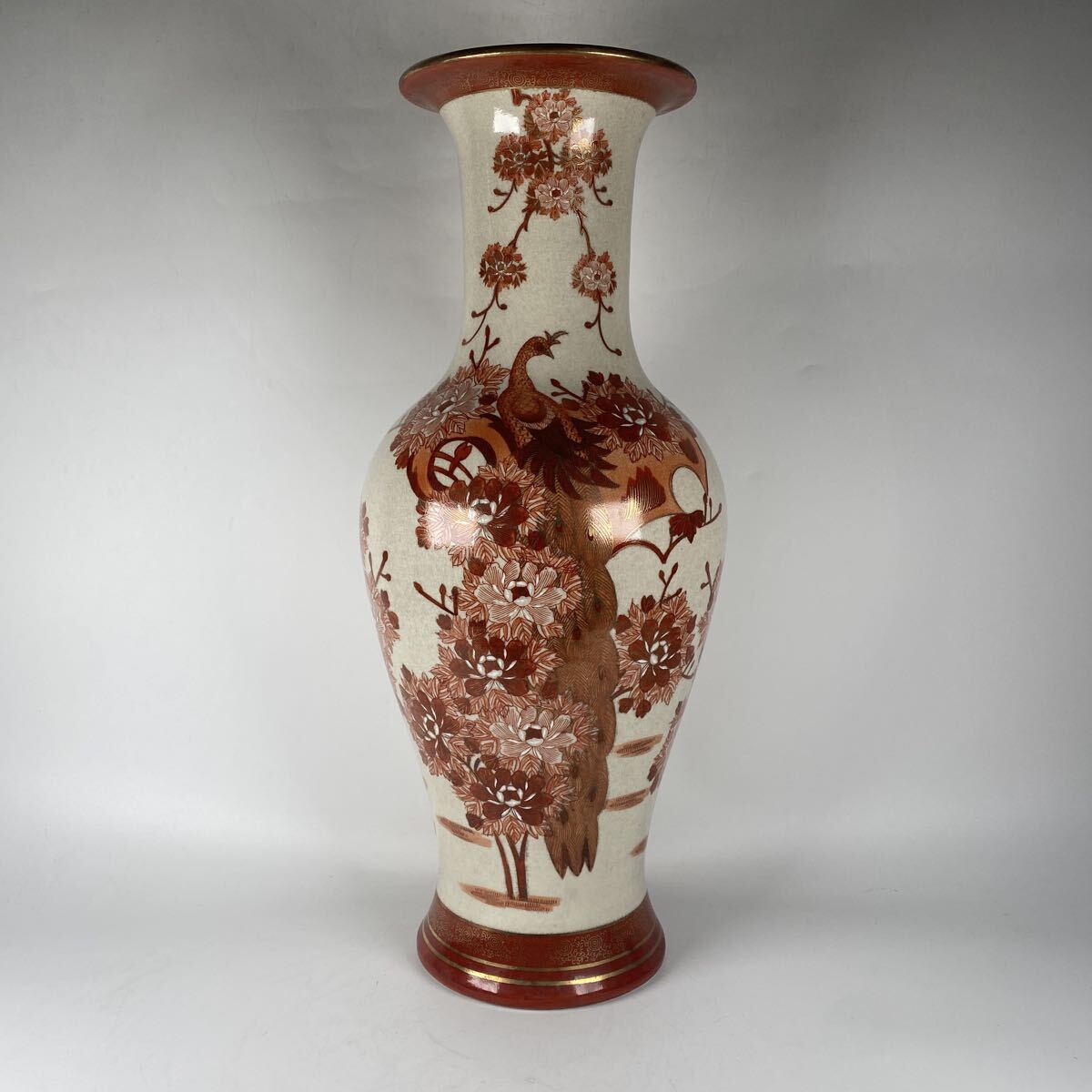 薩摩焼　金彩　赤絵　花鳥　大花瓶　飾壺　壷　花器　入　骨董品　古美術品　古薩摩　九谷焼　高さ64.5cm 横27cm【622】