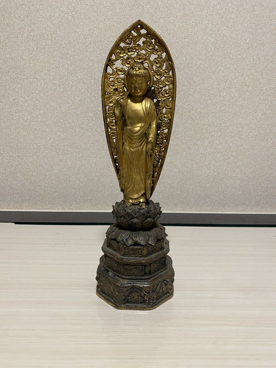 大谷製造 銅 真鍮 仏教美術 阿弥陀如来 仏像 佛像 寺院 仏閣 如来 仏壇 仏具 時代 骨董品 古美術品 高さ34cm 横11cm【510】