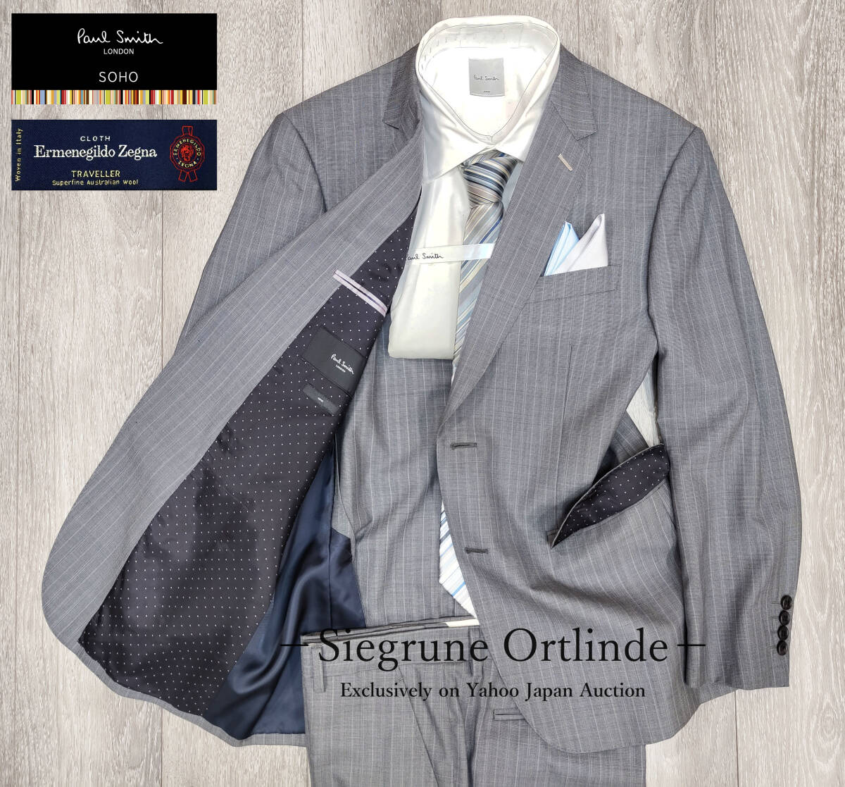 【美品・大きいサイズ】ポールスミス×ゼニア [Ermenegildo Zegna] COOL EFFEC生地 グレーストライプ柄 スーツ 100-88-175 (L2サイズ)