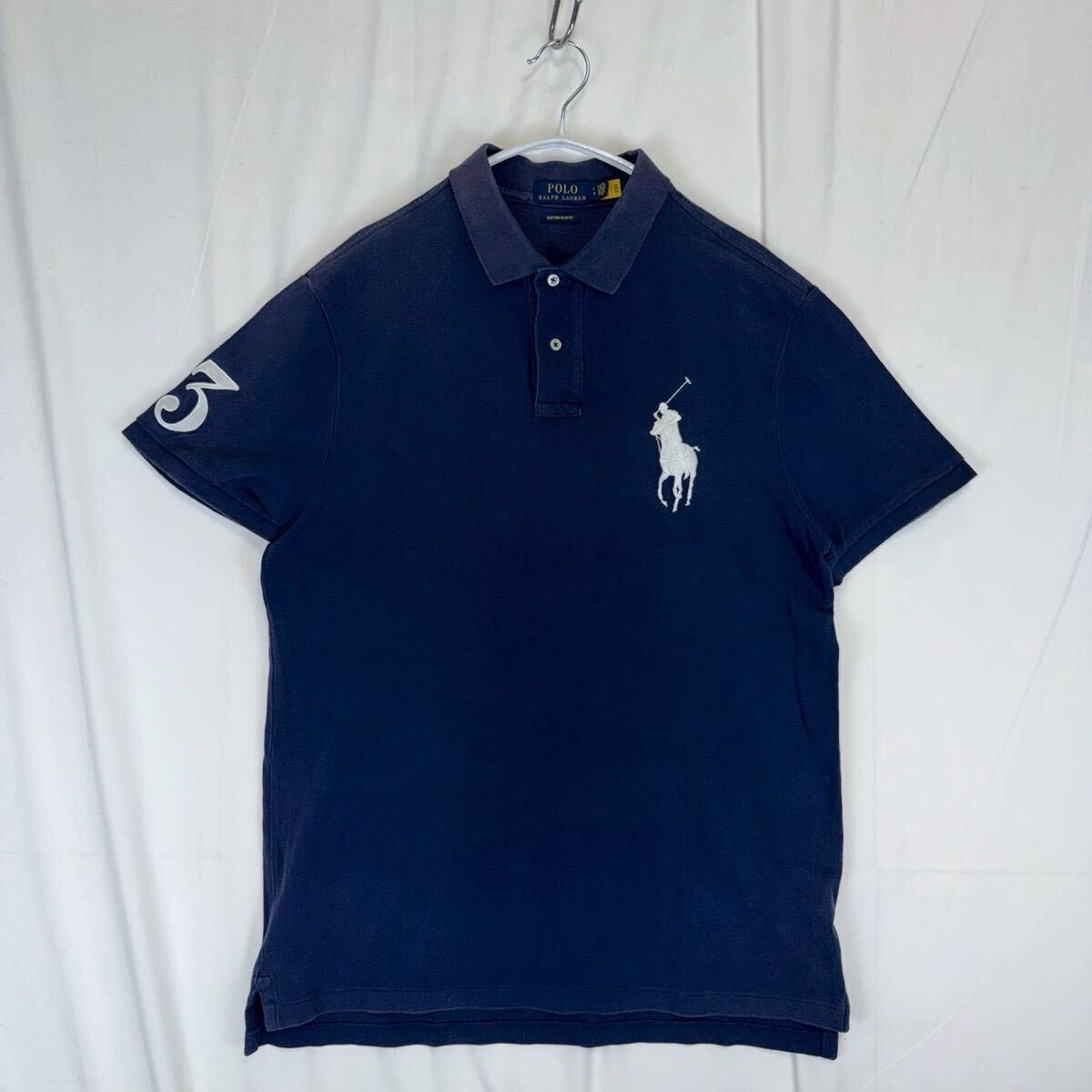 希少 POLO RALPH LAUREN big pony 3 polo shirts swag custom slim fit ポロラルフローレン ビッグポニー 刺繍 ロゴ 半袖ポロシャツ L 紺色