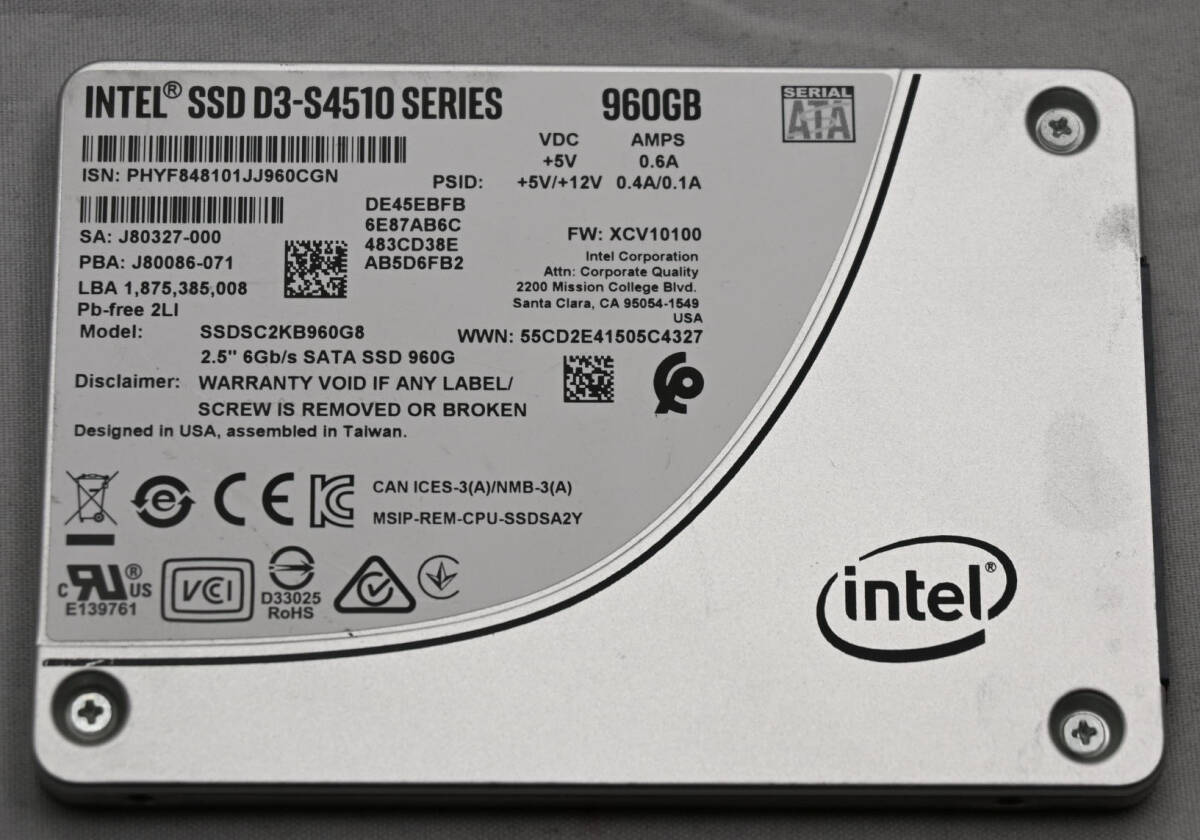 高信頼性 データセンター向け 中古 SSD intel D3 S4510 960GB