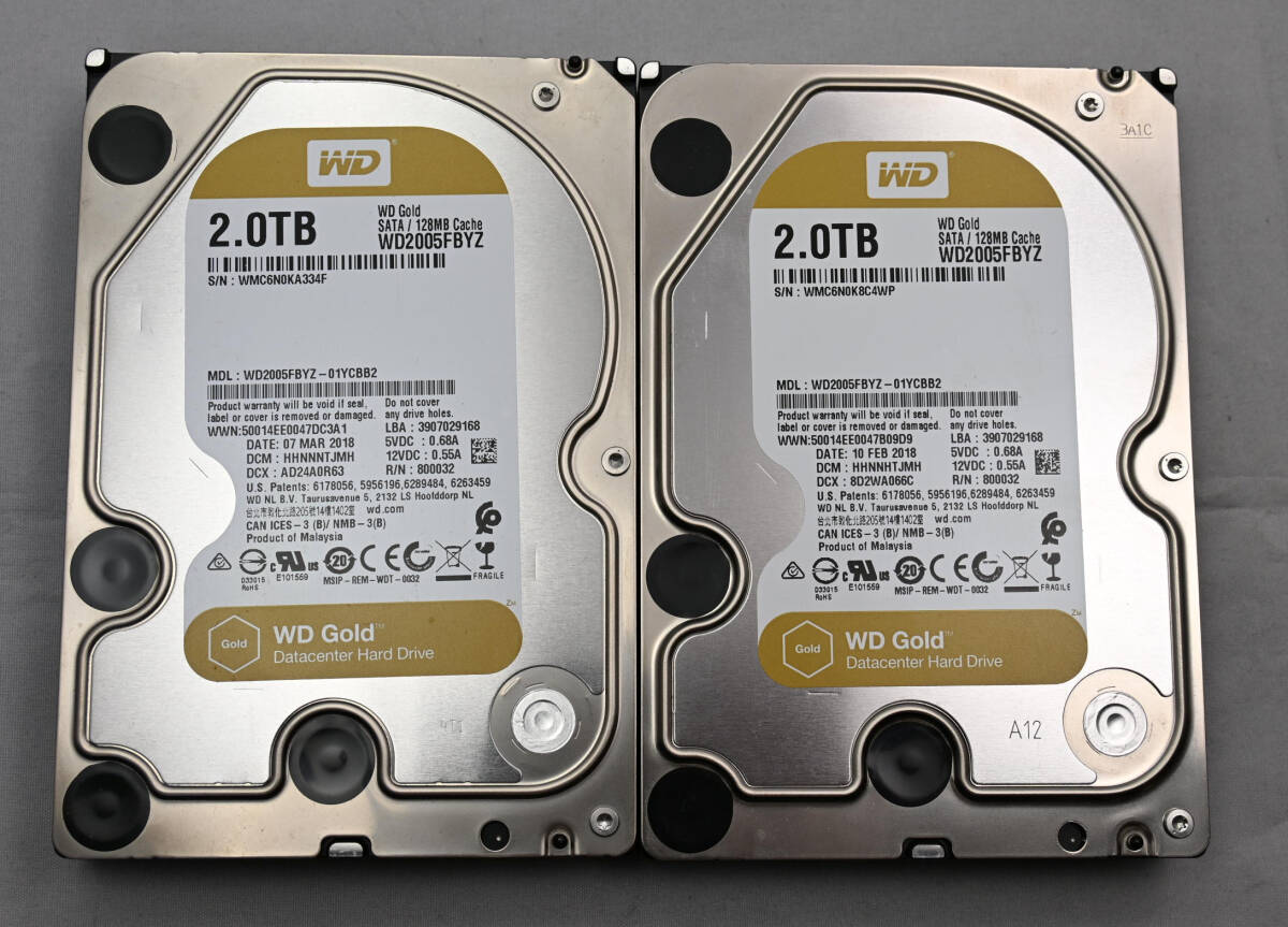 動作確認済み WD Gold WD2005FBYZ/2TB/SATA 2個セット 使用時間：32421と32429H