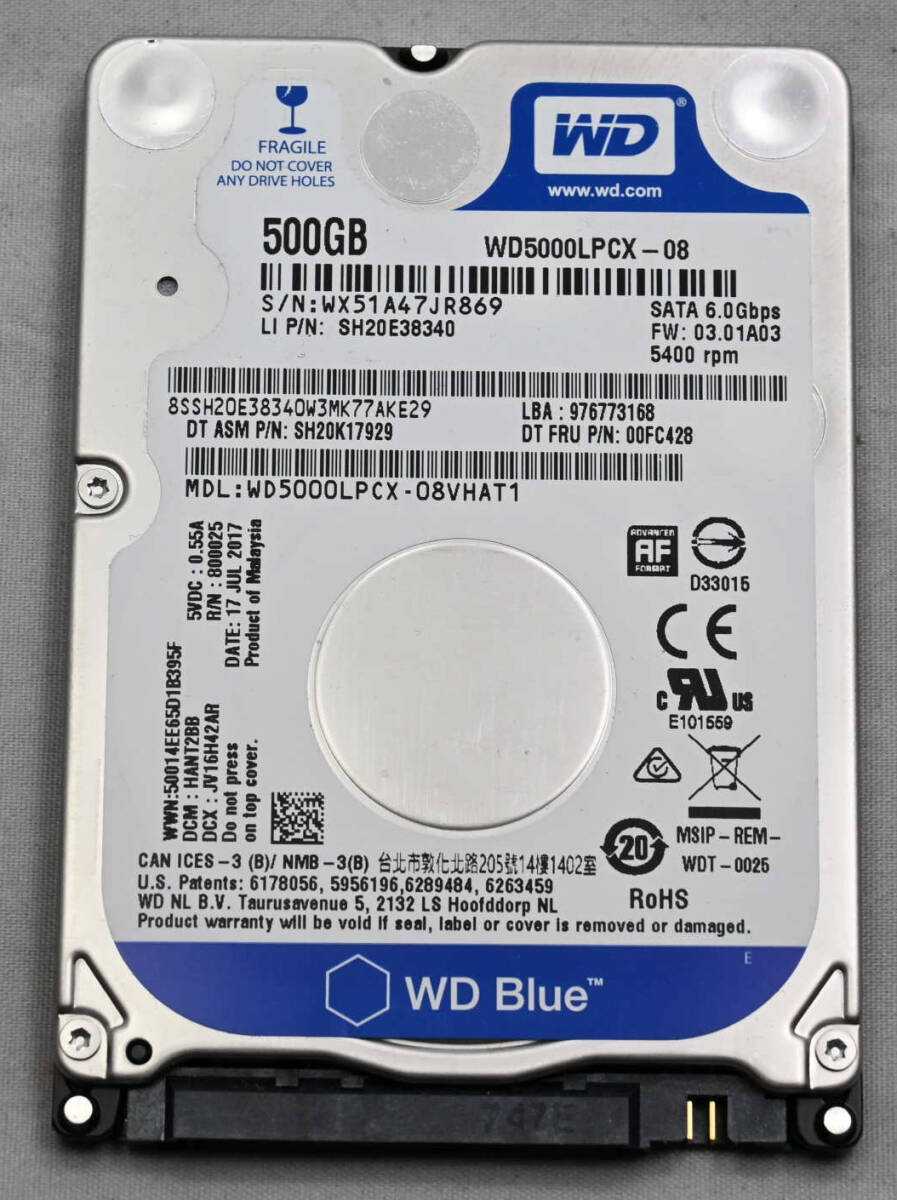 中古 2.5インチHDD WesternDigital WD5000LPCX-0 使用時間：67465H