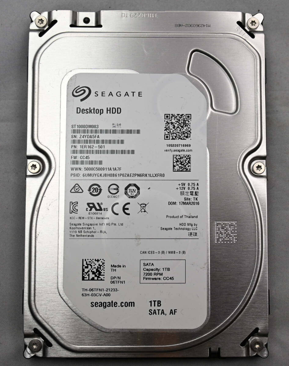 動作確認済み Seagate ST1000DM003/1TB/7200rpm/SATA 使用時間：7623H