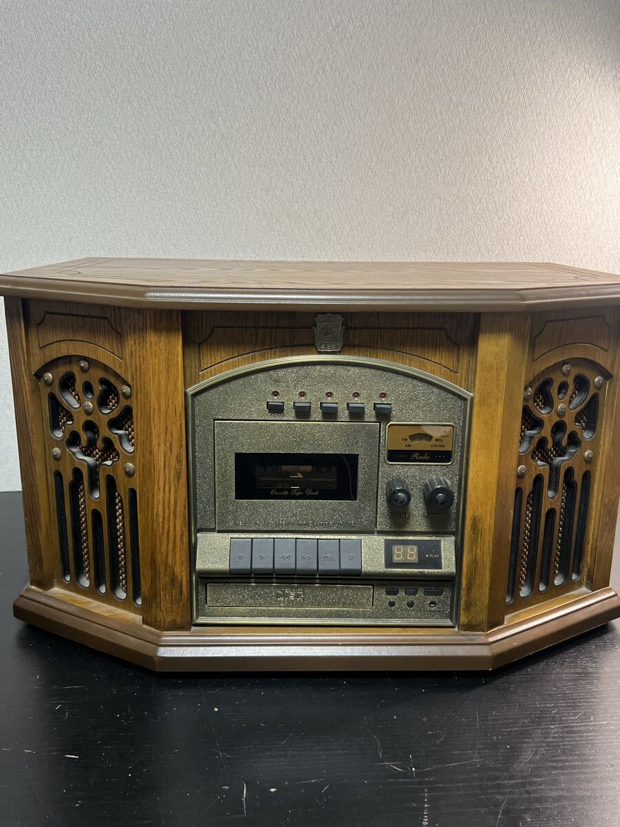 AEW-024B レトロレコードプレーヤー CD/カセット/FM/AM 一体型 木目調 電源確認済み