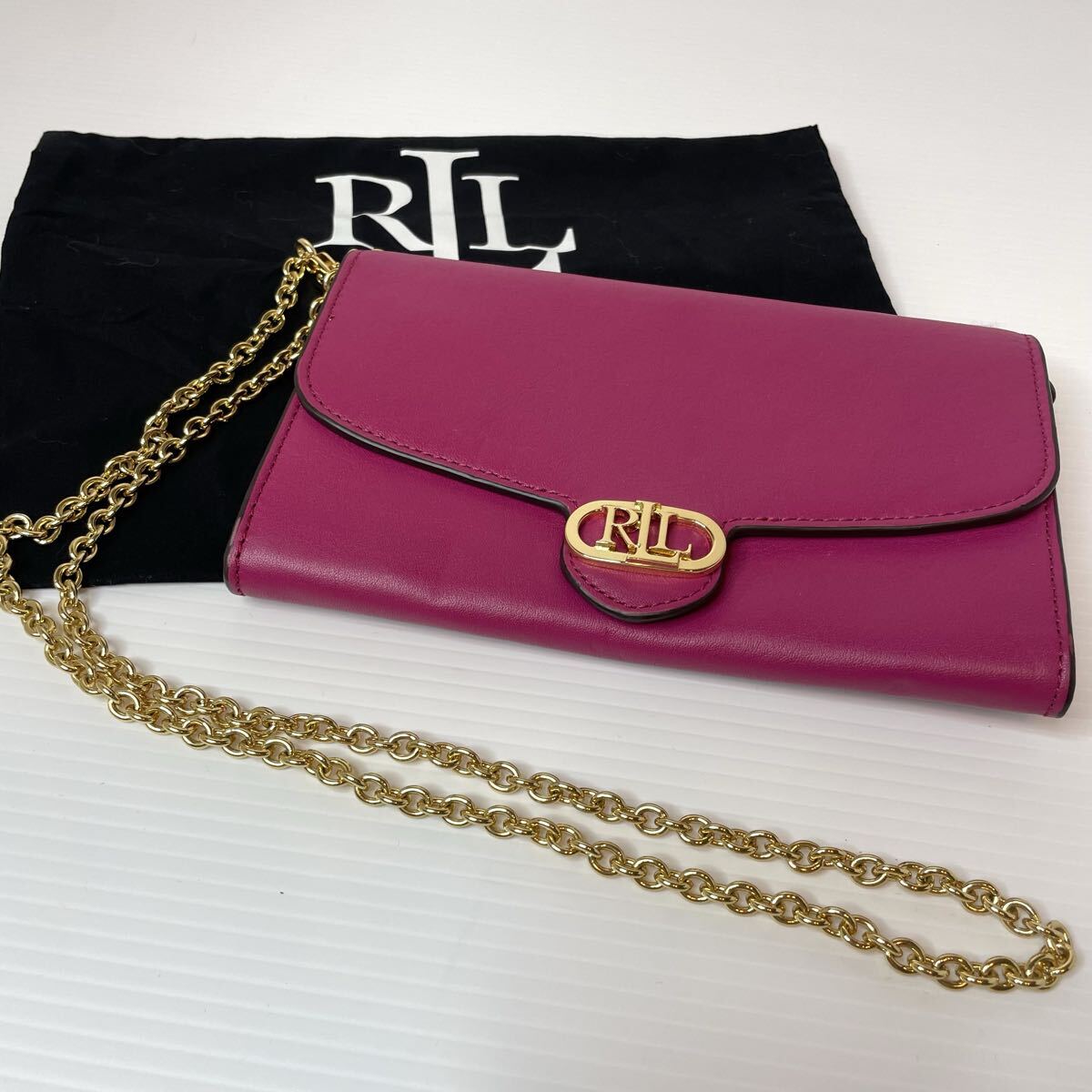美品★ラルフローレン Adair レザー クロスボディバッグ フューシャベリー 保存袋付 ウォレットチェーンバッグ LRL ピンク ラルフ