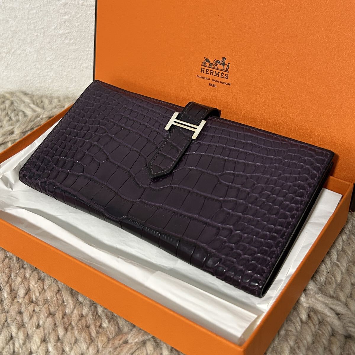 極美品 HERMES エルメス ベアンスフレ クロコダイル パープル P刻印