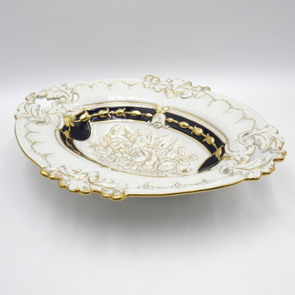 1円〜 Meissen マイセン ロココ調 センターピース バスケット 金彩 コバルト スクラッチ有