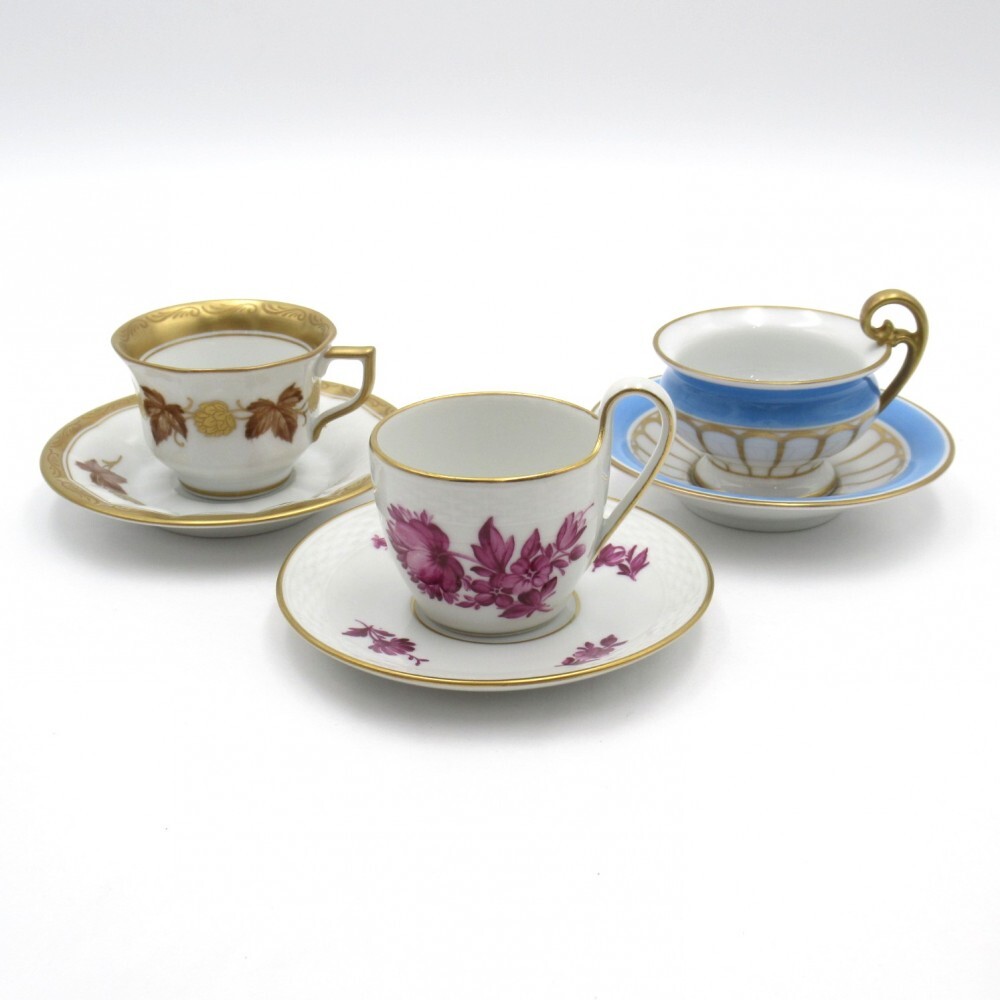 1円〜 Royal Copenhagen 復刻版 8192 オールドロイヤルパープル/9428 ゴールデンホップ/8519 クラシックブルー モカカップ＆ソーサー 計6点
