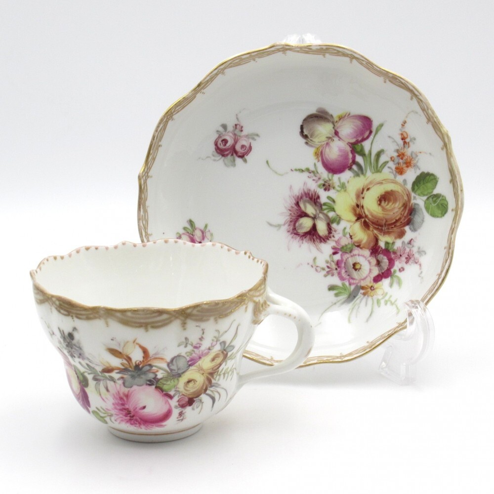 1円〜 Meissen オールドマイセン フラワーブーケ 金彩 カップ＆ソーサー 計2点 ボタン剣 スクラッチ有
