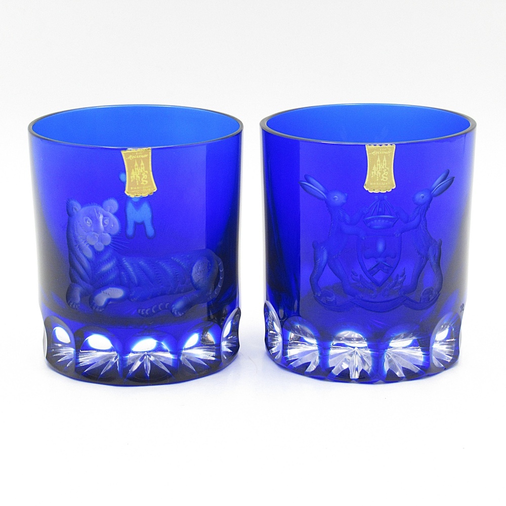 1円〜 Meissen Crystal マイセンクリスタル トラ/ウサギ ブルー ロックグラス 計2点