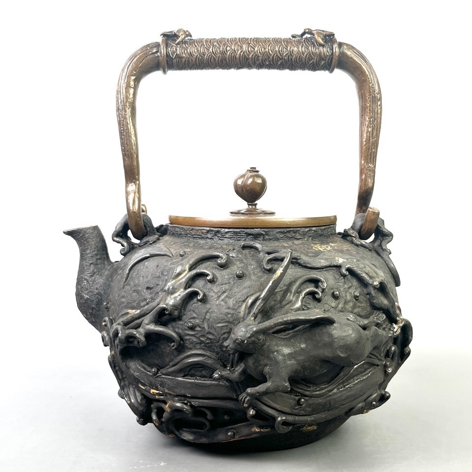 時代 亀文堂 印 波鳥兎紋鉄瓶 金工 湯沸 煎茶器 茶道具 骨董
