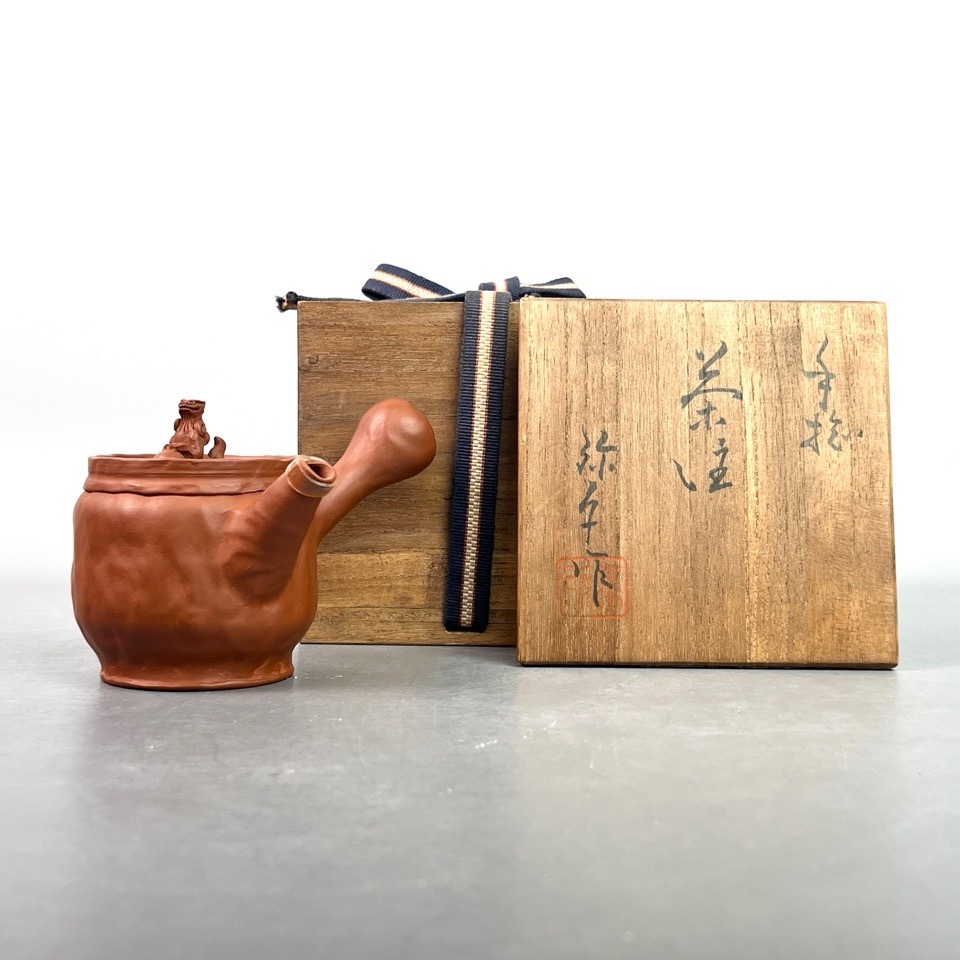 常滑焼 間野弥平 作 手捻茶注 獅子摘 共箱 共布 煎茶道具 急須 陶磁器 茶道具 骨董