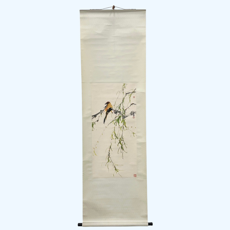 中国美術 趙少昴 柳花鳥画 紙本 掛軸 書画 骨董・民芸品