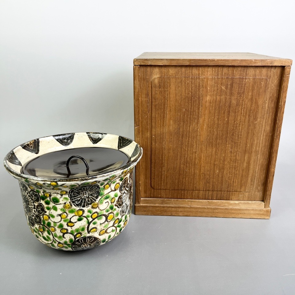 時代 乾山銘 唐草文三彩水指 箱付 茶道具 陶磁器 骨董