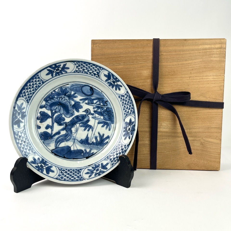 中国古玩 染付花鳥文皿 箱付 時代物 食器 懐石道具 陶磁器 骨董