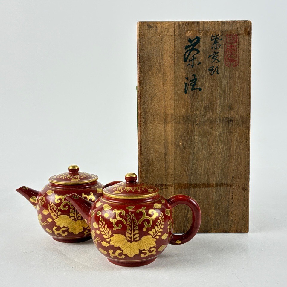 平安春峰 作 赤絵金蘭手 後手急須一双 箱付 煎茶道具 陶磁器 茶注 茶道具 骨董