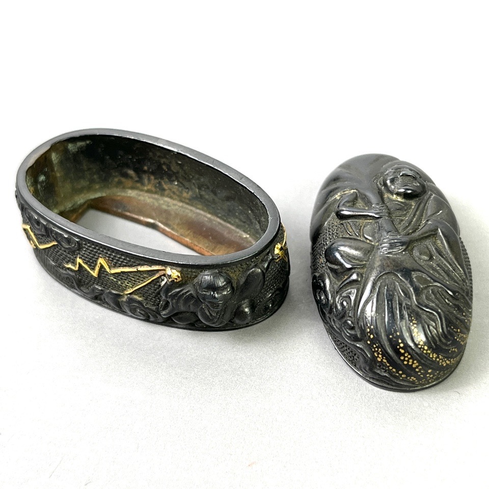 刀装具 縁頭 風神 雷神 金象嵌 時代物 骨董