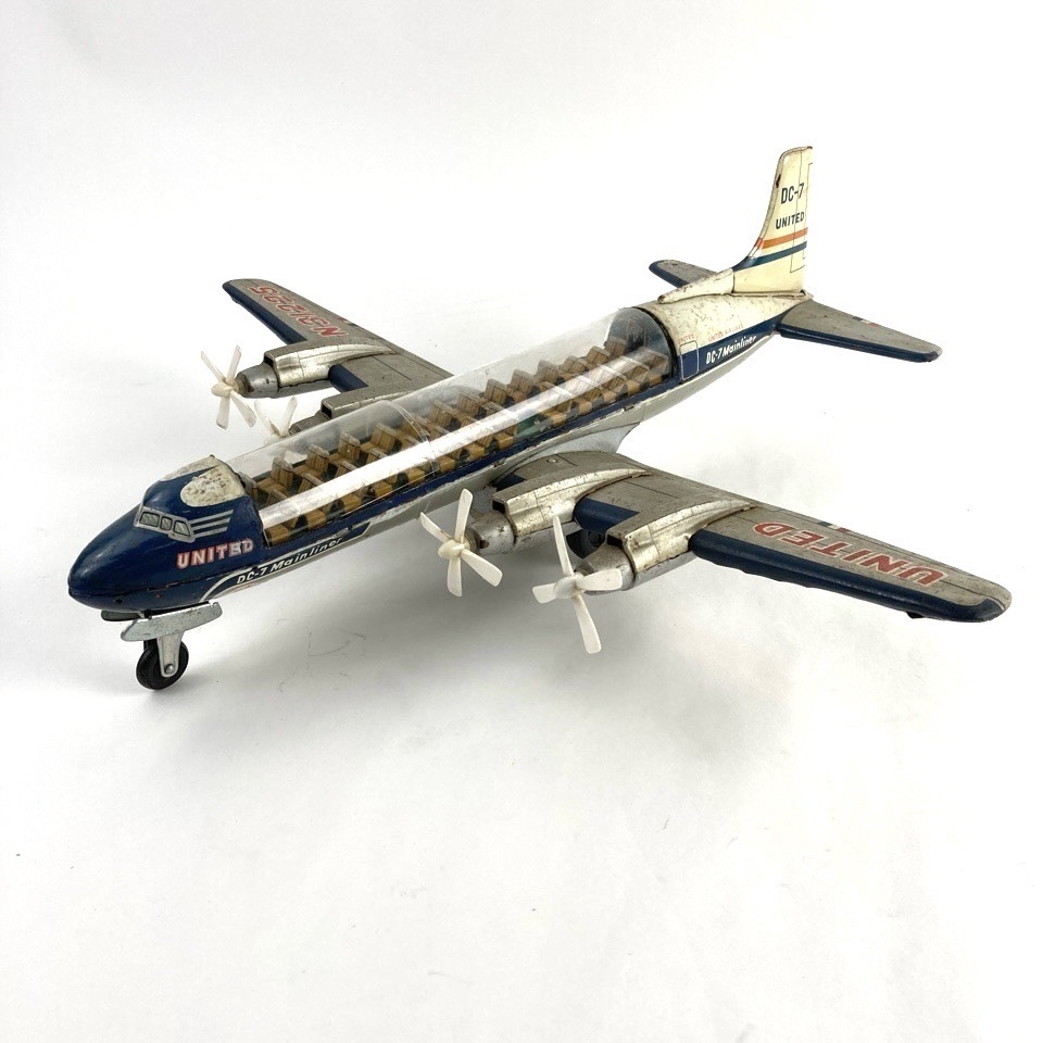 野村トーイ UNITED DC-7 飛行機 旅客機 ブリキ 全長 約45cm フリクション 当時物 現状品 スケルトン ユナイテッド航空 おもちゃ