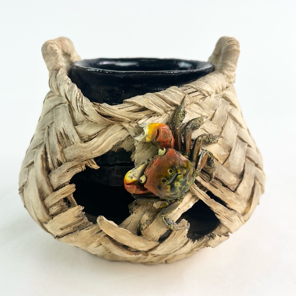 松柏庵 佐々木二六 希少 蟹彫竹籠形花瓶 現状品 陶磁器 在印 細密細工 網代籠細工 花瓶 骨董