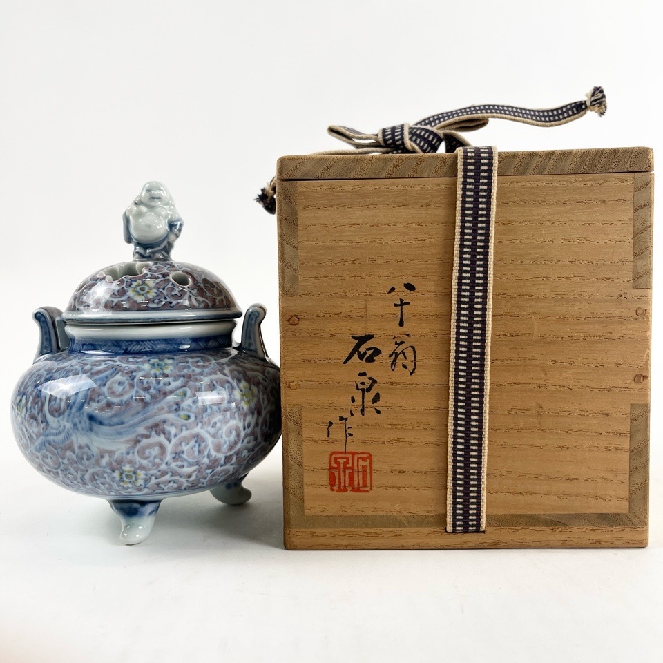 八十翁 石泉作 青華鳳凰唐草文香炉 共箱 茶道具 香道具 陶磁器 骨董