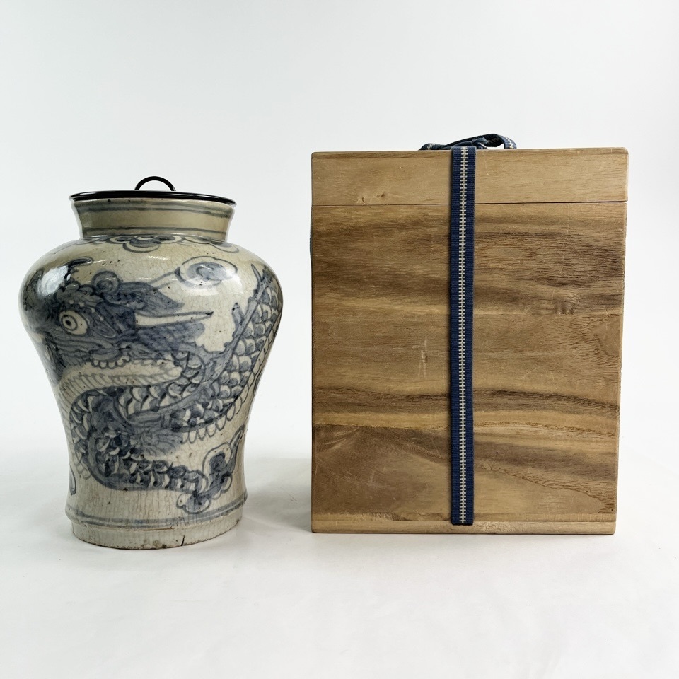 李朝 朝鮮 染付龍紋壺 合箱 古美術 骨董 陶磁器 花瓶