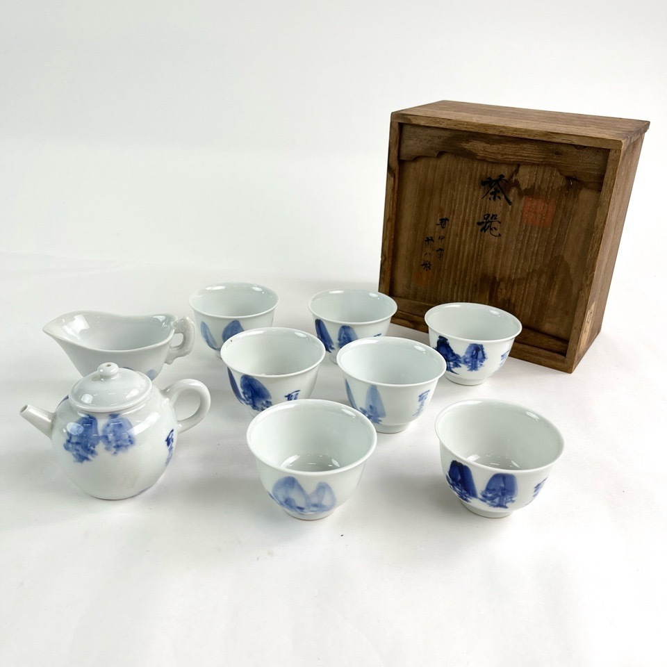 華中亭 道八製 染付 茶器揃 急須 湯冷 湯呑 共箱 煎茶器 陶磁器 茶道具 骨董