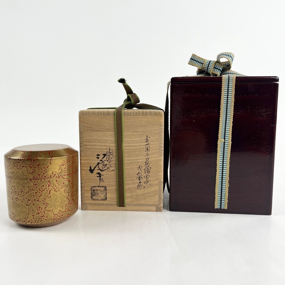 川端近左 鵬雲斎書付 金襴手蒔絵雪吹 内梨地 二重箱 共箱 棗 茶器 茶入 漆器 茶道具 骨董