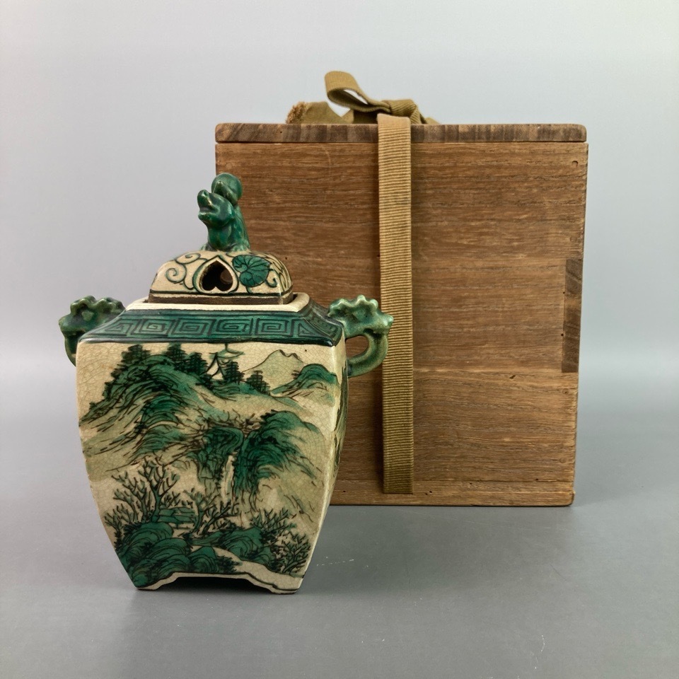 時代 青木木米 銘 色絵山水画香炉 箱付 香道具 陶磁器 骨董