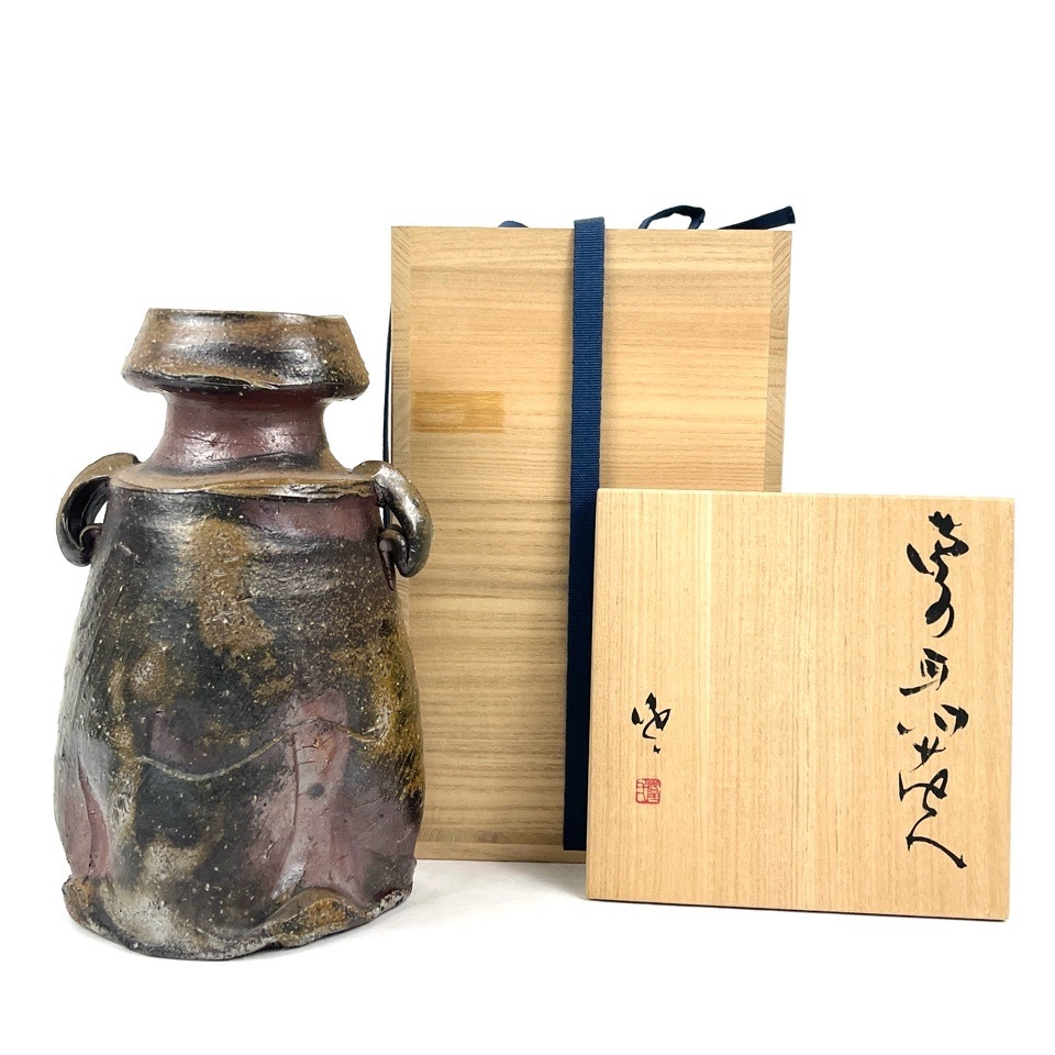 岡山県重要無形文化財保持者 隠崎隆一 作 備前耳付花入 共箱 陶磁器 花瓶 花器 骨董