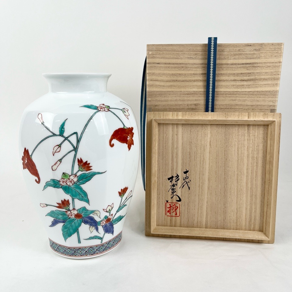 十四代 酒井田柿右衛門 錦 つりふね草文 八角花瓶 共箱 壺 華道具 陶磁器 花瓶 骨董