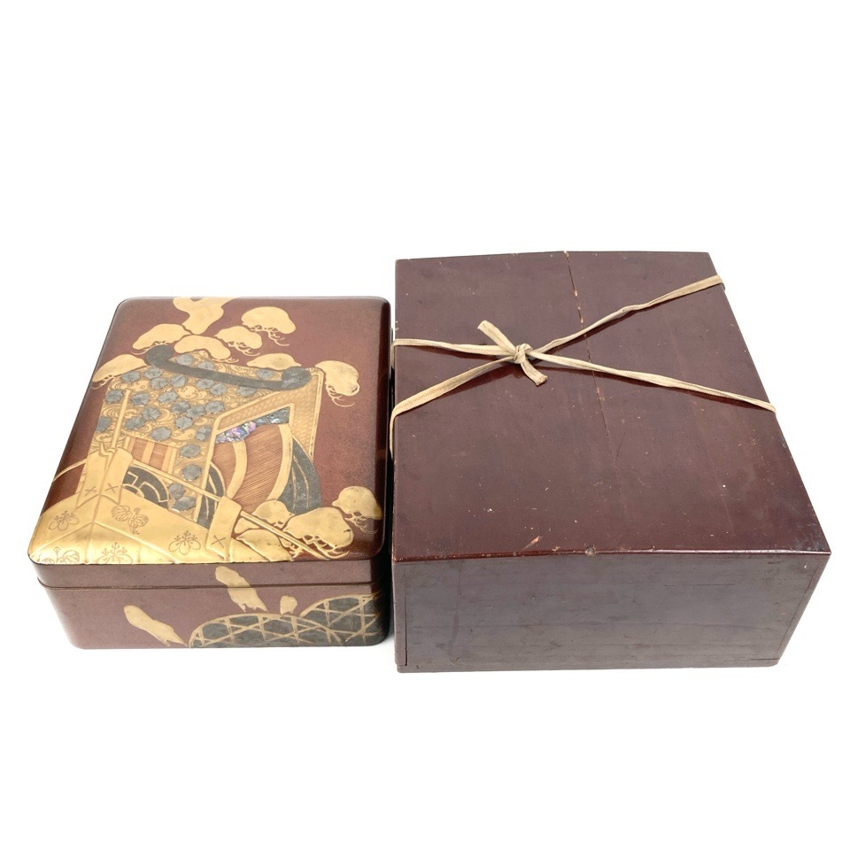 時代 御所車蒔絵 文箱 梨子地 螺鈿 箱付 収納箱 漆器 ※同梱不可 骨董