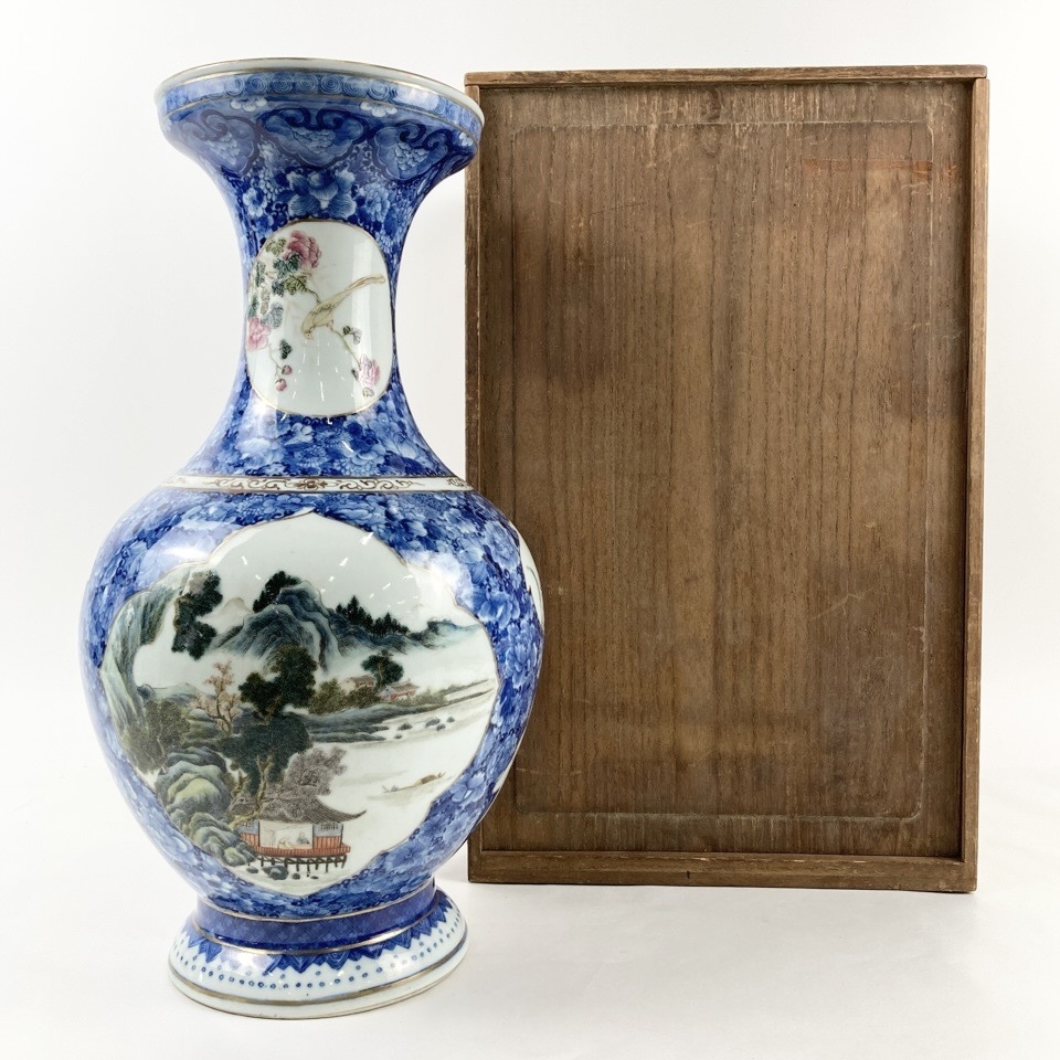 中国古玩 大清乾隆年製：銘 五彩開光瓶 箱付 花器 花瓶 壺 陶磁器 時代 骨董