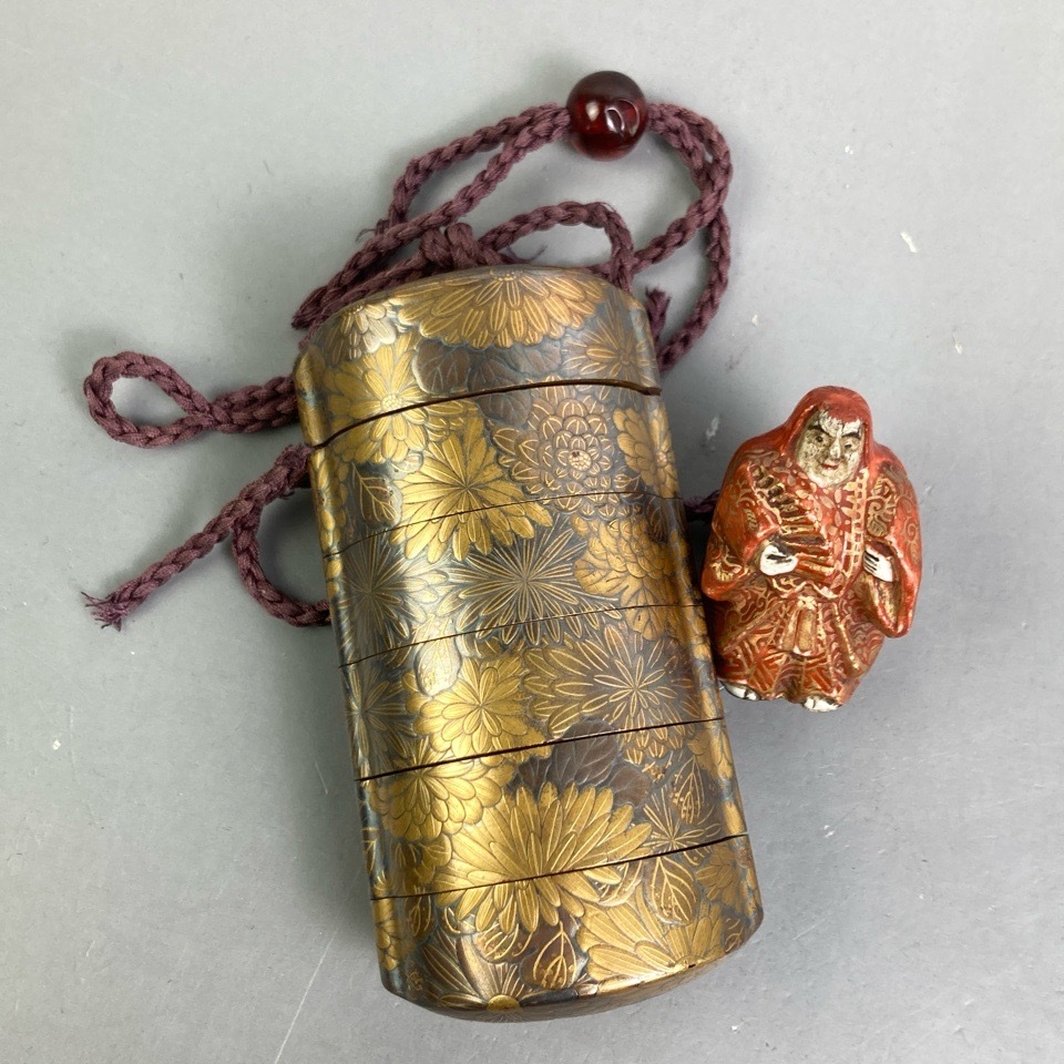 時代 菊花蒔絵印籠 根付 内梨地 漆器 古美術 工芸品 骨董