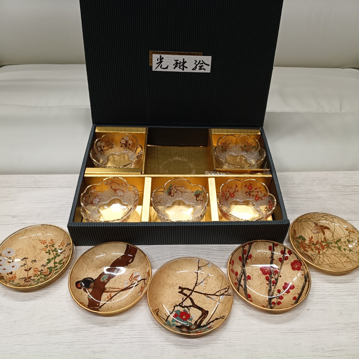 6-41【未使用】金彩 小皿＆ガラス小鉢 10点セット 各5客 光琳絵 和食器 小鉢 取り皿 箱付