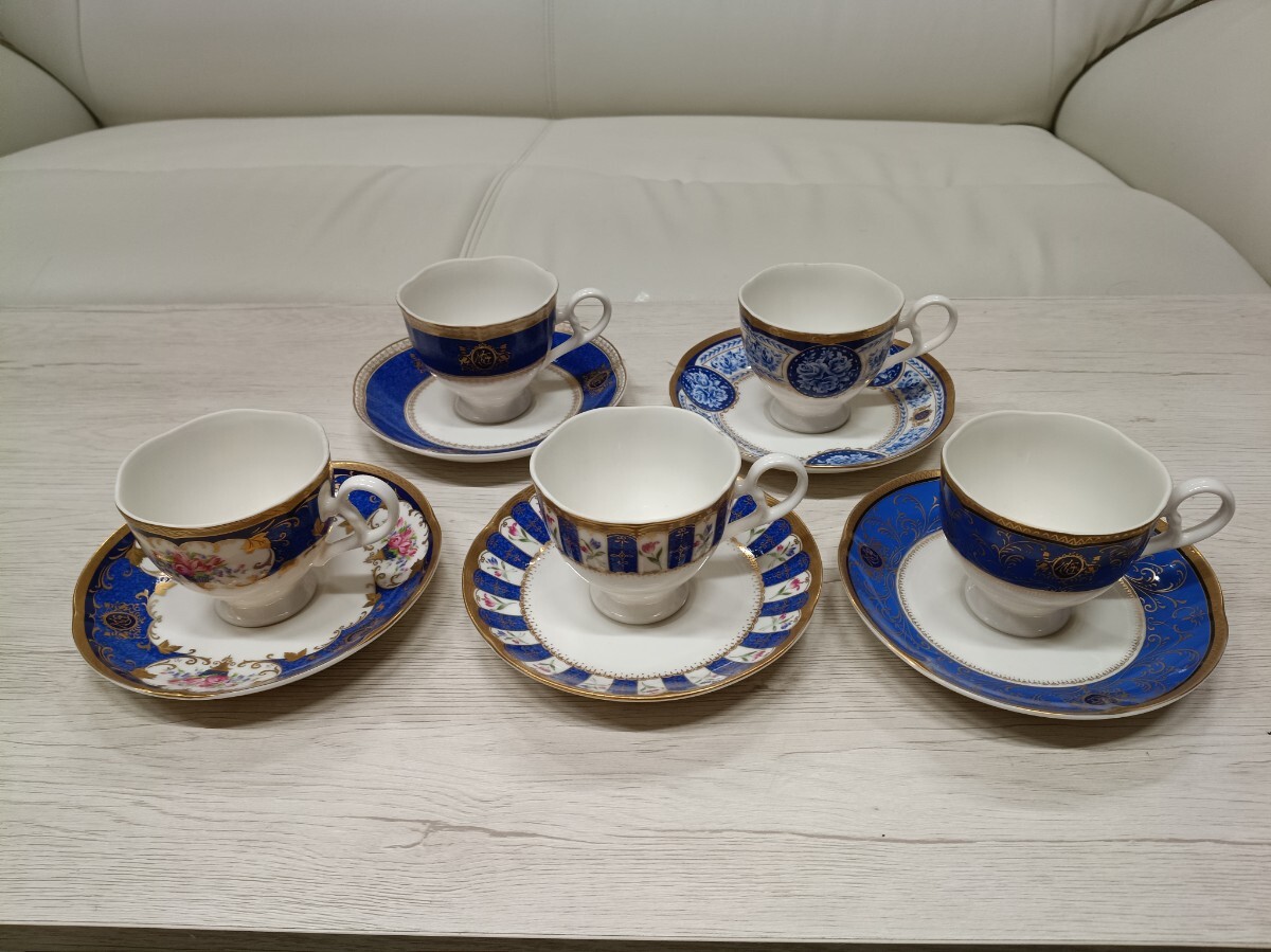 LM601-6-3/ カップ＆ソーサー 5客セット N.I. ORIENT EXPRESS 金彩 ブルー系 洋食器 ティーカップ まとめ売り 中古 現状品