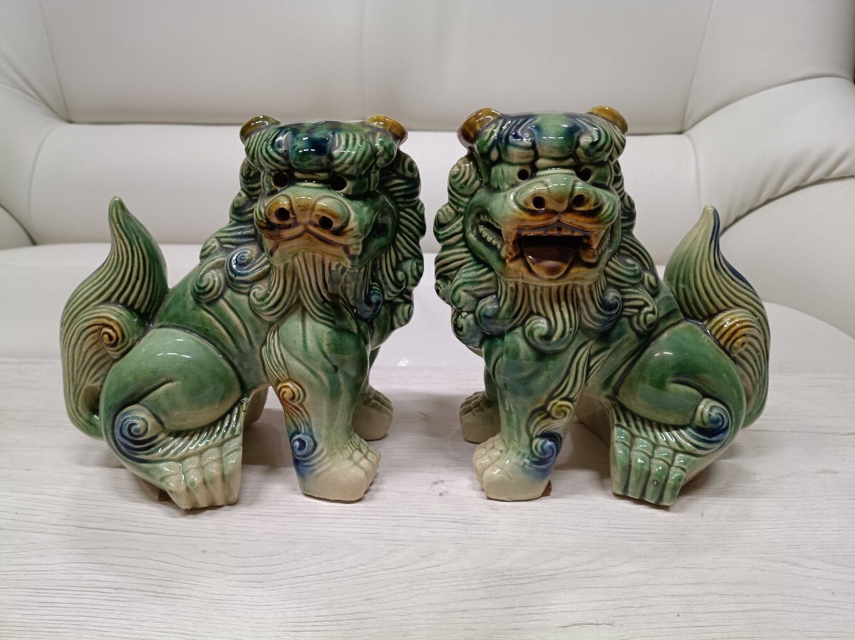 LM601-6-4/ シーサー 置物 一対 陶器製 狛犬 獅子 ペア 風水 魔除け インテリア オブジェ 中古 現状品