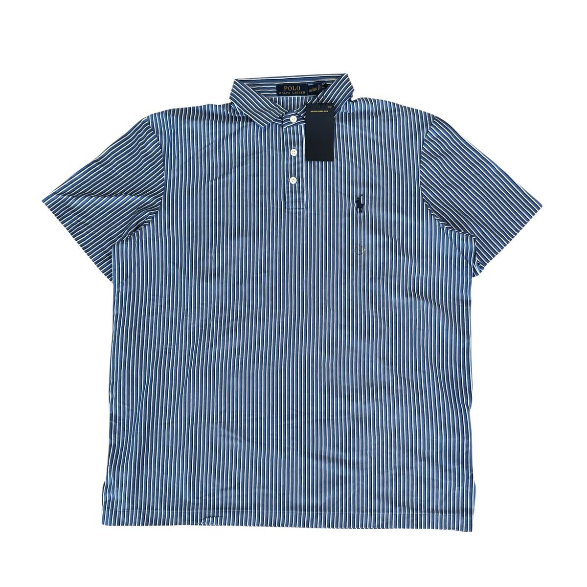 未使用タグ付き Polo Ralph Lauren ポロラルフローレン 現行タグ コットンストライプ半袖ポロシャツ カットソー生地 L メンズ