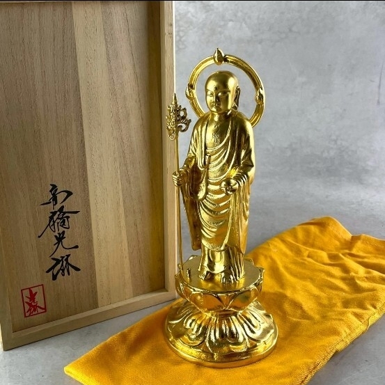 【希少】仏像 観音 合金製金メッキ 地蔵菩薩像 観音様 優作 牧田秀雲作 高岡製仏像 子安地蔵菩薩立像 合金製 地蔵尊 骨董品 仏教美術 1円