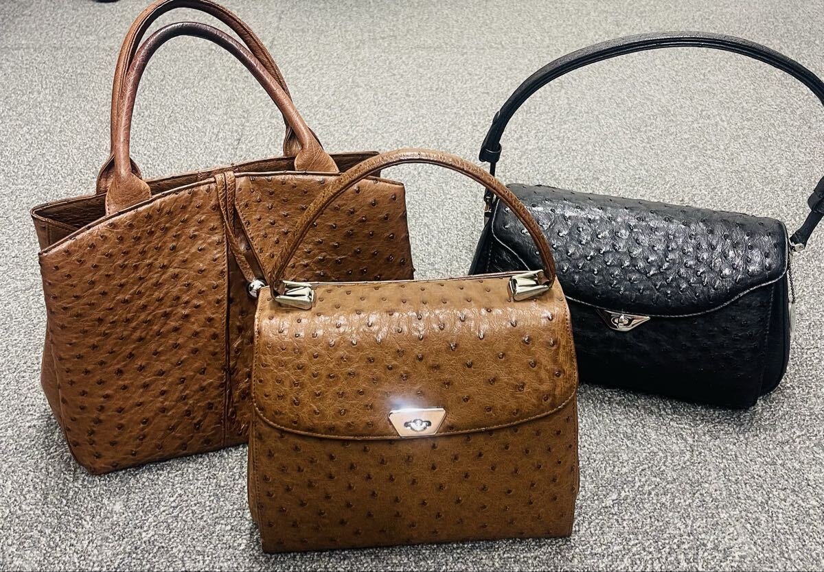 オーストリッチ バッグ ３点まとめ 1円スタート クロコダイル ブラック ブラウン JRA レザー 中古 レディース ハンドバッグ レザー 革製