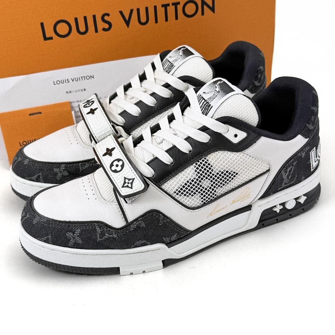 【極美品】ルイヴィトン LOUIS VUITTON LVトレイナー スニーカー モノグラムデニム レザー 26.5 8 黒 白 バンド ベルト メッシュ