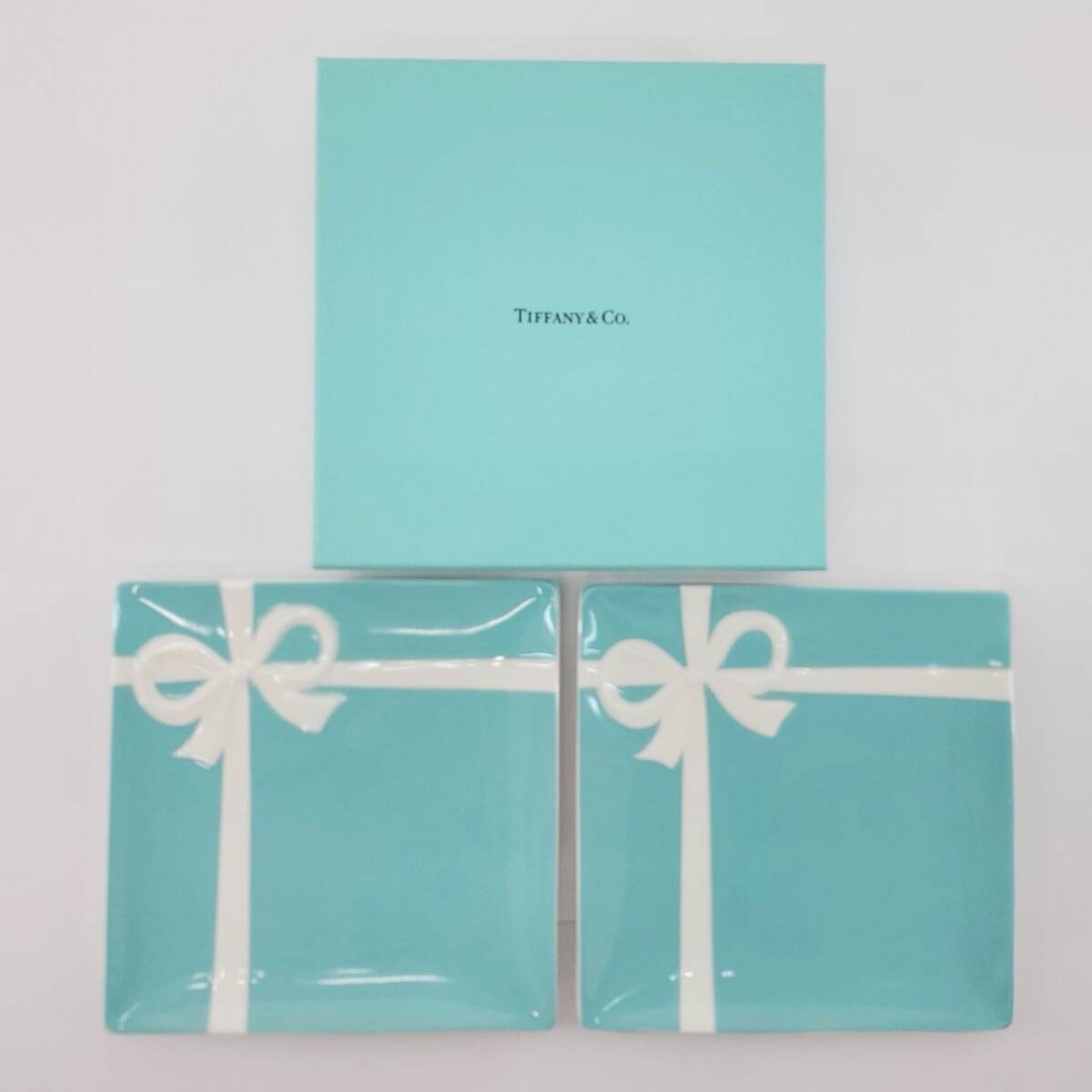 未使用 Tiffany&Co. ブルーボウ デザートプレートセット 2枚組 6169 2983 洋食器 スクエアプレート 2P ティファニー ◆2008