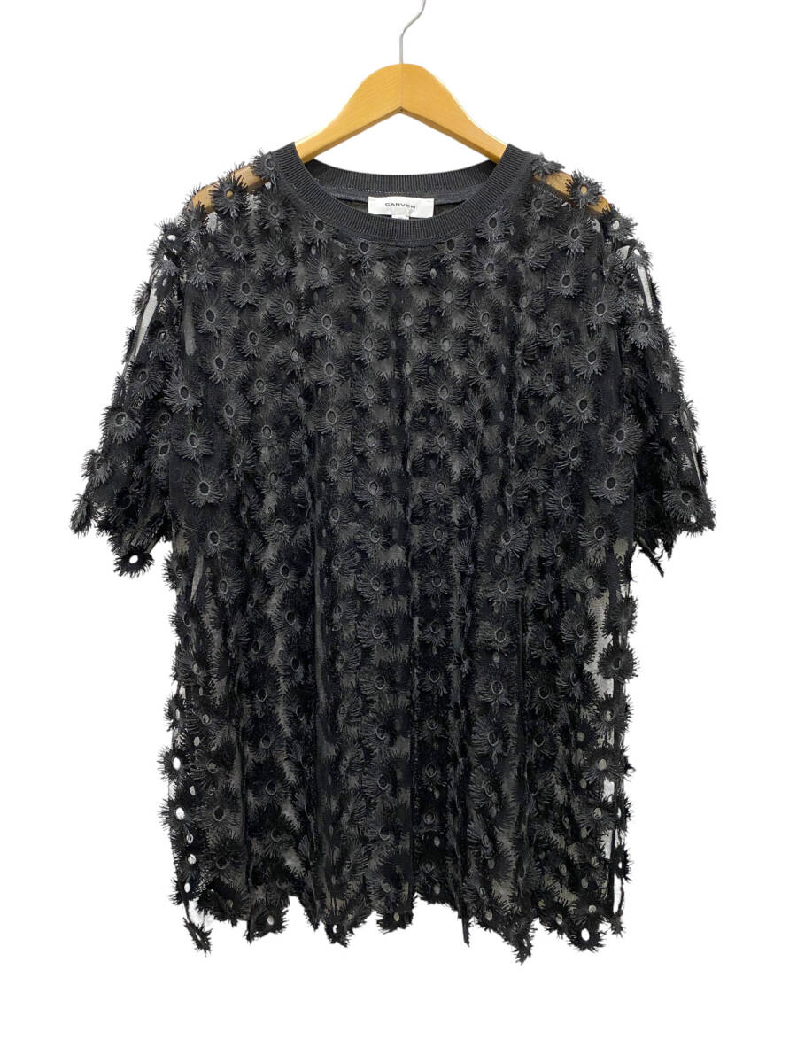 カルヴェン CARVEN フラワー チュール レース トップス ブラウス 半袖 ブラック size 38 レディース