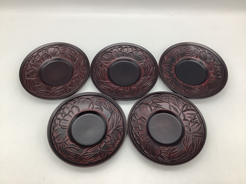 n6400 保管品 鎌倉彫り 茶器 茶托 茶道具 小皿 木皿 菓子受け皿 木彫 彫刻 華道具 5客