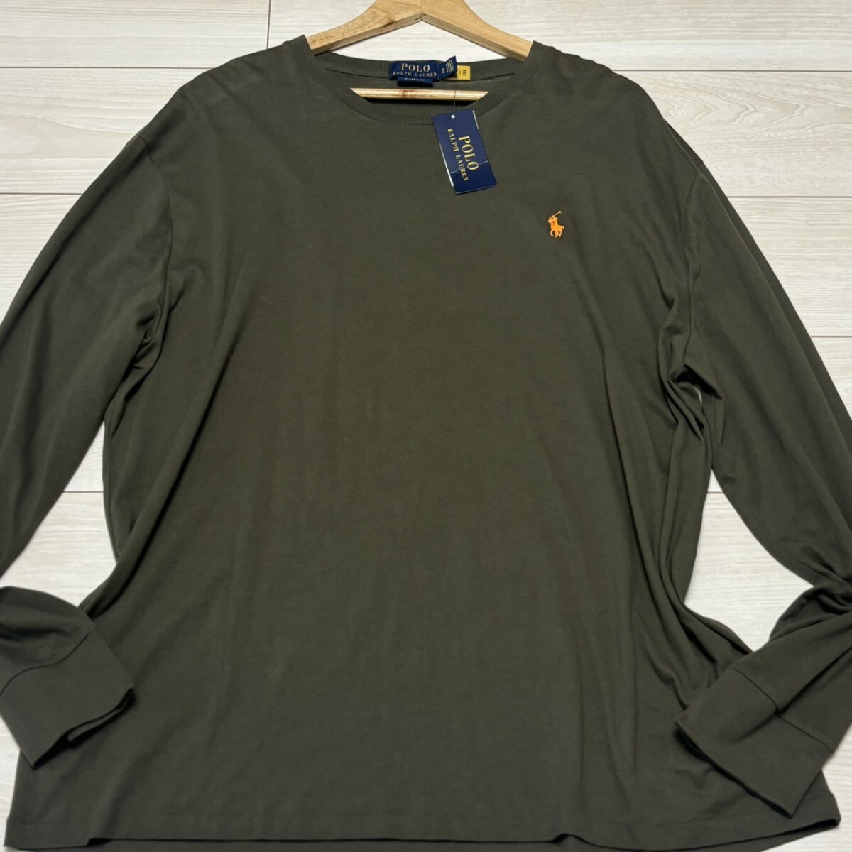 タグ付未使用品/XLサイズ●POLO RALPH LAUREN ポロラルフローレン 長袖Tシャツ ロンT ポニーロゴ ビッグプリント カーキ 刺繍
